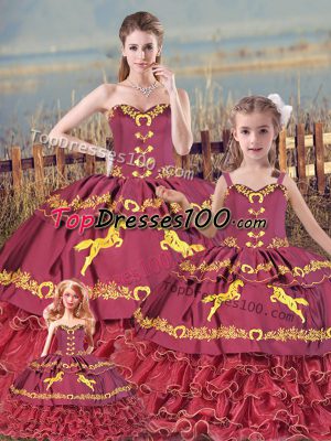Cheap Floor Length Zipper Ball Gown Prom Dress Burgundy for Sweet 16 and Quinceanera with Embroidery and Ruffled Layers