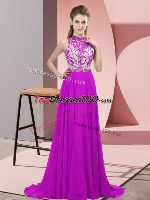 Gorgeous Fuchsia Dress for Prom Chiffon Brush Train Sleeveless Beading