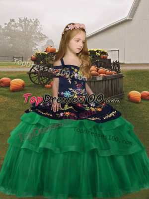Sleeveless Tulle Floor Length Lace Up Little Girls Pageant Dress in Green with Embroidery and Ruffled Layers