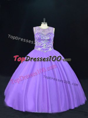 Classical Lavender Ball Gowns Scoop Sleeveless Tulle Floor Length Lace Up Beading Vestidos de Quinceanera