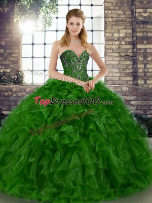 Floor Length Lace Up 15th Birthday Dress Green for Military Ball and Sweet 16 and Quinceanera with Beading and Ruffles