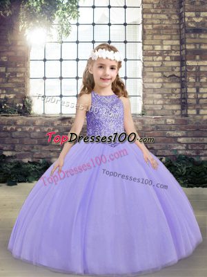 Scoop Sleeveless Pageant Dress Toddler Floor Length Beading Lavender Tulle