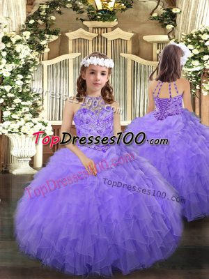 Sleeveless Tulle Floor Length Lace Up Little Girls Pageant Gowns in Lavender with Beading and Ruffles