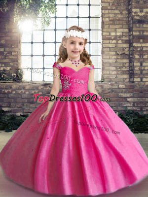 Hot Pink Ball Gowns Straps Sleeveless Tulle Floor Length Lace Up Beading Girls Pageant Dresses