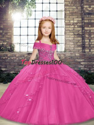Adorable Straps Sleeveless Little Girls Pageant Dress Floor Length Beading Hot Pink Tulle