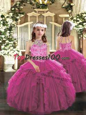 Custom Made Fuchsia Sleeveless Tulle Lace Up Pageant Gowns For Girls for Military Ball and Wedding Party