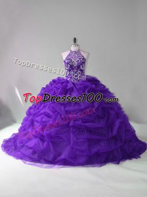 Romantic Purple Sleeveless Organza Court Train Lace Up Quinceanera Dress for Sweet 16 and Quinceanera