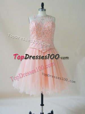 Superior Pink Scoop Neckline Beading Prom Dress Sleeveless Lace Up
