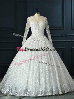 Fashionable White Wedding Gown Lace Brush Train Long Sleeves Beading and Lace