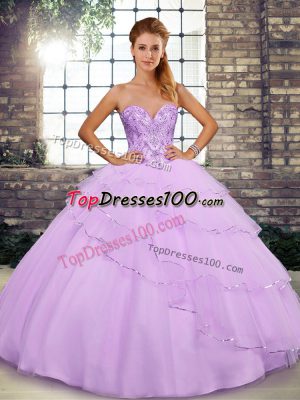 New Arrival Lace Up Quinceanera Gown Lilac for Military Ball and Sweet 16 and Quinceanera with Beading and Ruffled Layers Brush Train