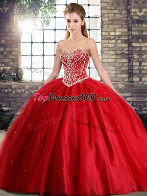 Stylish Sleeveless Beading Lace Up Quinceanera Gown with Red Brush Train