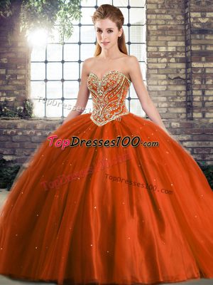 Shining Lace Up Quinceanera Gown Rust Red for Military Ball and Sweet 16 and Quinceanera with Beading Brush Train