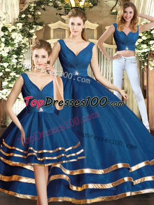 Navy Blue Sleeveless Tulle Backless Ball Gown Prom Dress for Military Ball and Sweet 16 and Quinceanera