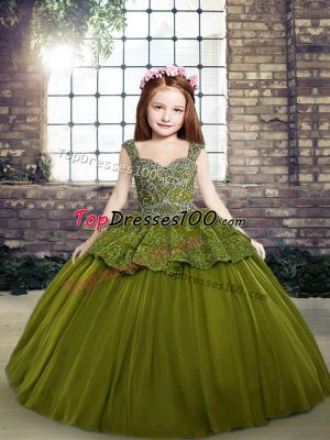 New Style Sleeveless Tulle Floor Length Lace Up Girls Pageant Dresses in Olive Green with Beading