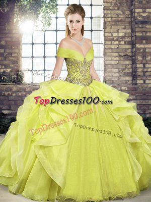 Cute Floor Length Yellow Sweet 16 Dress Off The Shoulder Sleeveless Lace Up