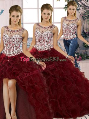 Low Price Burgundy Three Pieces Organza Scoop Sleeveless Beading and Ruffles Floor Length Lace Up 15 Quinceanera Dress