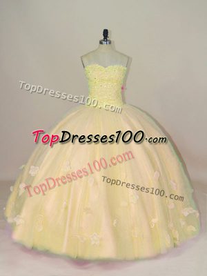 Sleeveless Floor Length Beading and Hand Made Flower Lace Up Ball Gown Prom Dress with Peach