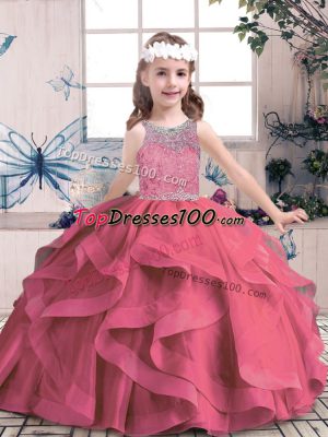 Modern Sleeveless Tulle Floor Length Lace Up Pageant Gowns For Girls in Red with Beading and Ruffles