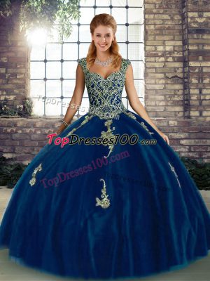 Dazzling Royal Blue Tulle Lace Up Straps Sleeveless Floor Length Quince Ball Gowns Beading and Appliques