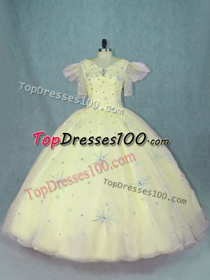 Custom Made Yellow Organza Zipper V-neck Short Sleeves Floor Length Sweet 16 Quinceanera Dress Beading