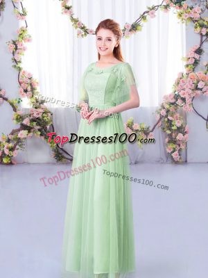 New Arrival Lace and Belt Wedding Guest Dresses Apple Green Side Zipper Short Sleeves Floor Length