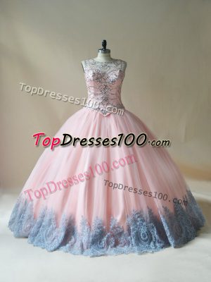 Low Price Pink Tulle Lace Up Quince Ball Gowns Sleeveless Floor Length Beading and Appliques