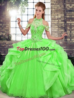 Dramatic Halter Top Sleeveless Sweet 16 Dresses Floor Length Beading and Ruffles Green Organza