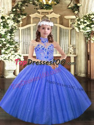 Blue Ball Gowns Tulle Halter Top Sleeveless Appliques Floor Length Lace Up Pageant Dress for Teens