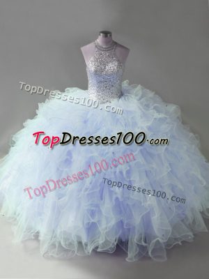 Shining Tulle Halter Top Sleeveless Lace Up Beading and Ruffles Ball Gown Prom Dress in Lavender