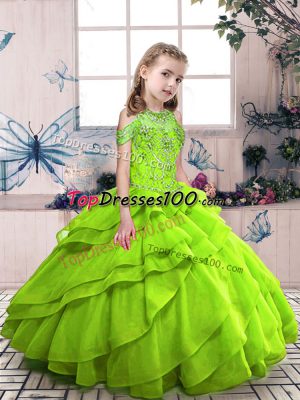 Graceful Ball Gowns High-neck Sleeveless Organza Floor Length Lace Up Beading Pageant Dress for Girls