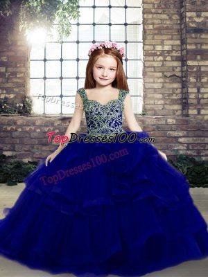 Trendy Royal Blue Mermaid Beading and Ruffles Little Girls Pageant Dress Wholesale Lace Up Organza Sleeveless Floor Length