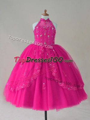 High-neck Sleeveless Tulle Glitz Pageant Dress Beading and Appliques Lace Up