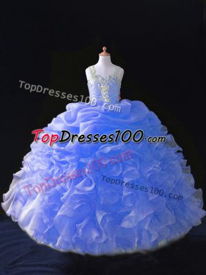 Customized Floor Length Zipper Little Girls Pageant Gowns Blue for Wedding Party with Beading and Ruffles and Pick Ups