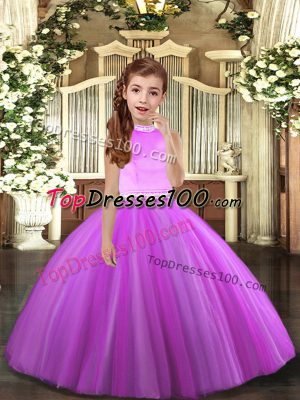 High Quality Floor Length Backless Kids Pageant Dress Lilac for Party and Sweet 16 and Wedding Party with Beading