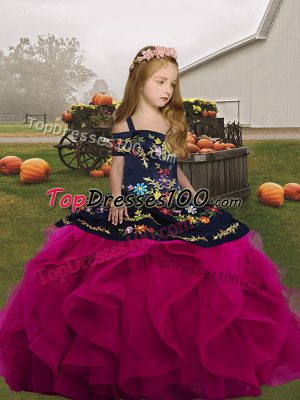 Excellent Straps Sleeveless Kids Formal Wear Floor Length Embroidery and Ruffles Fuchsia Tulle