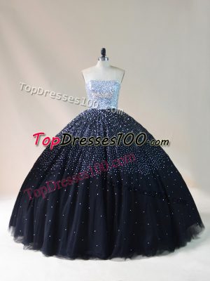 Black Lace Up Strapless Beading Sweet 16 Quinceanera Dress Tulle Sleeveless