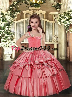 New Style Sleeveless Floor Length Ruffled Layers Lace Up Girls Pageant Dresses with Coral Red