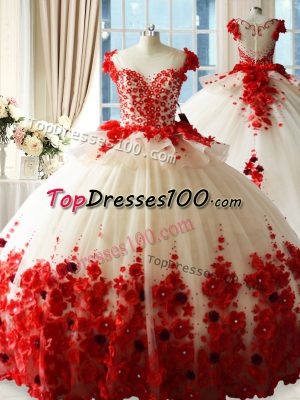 Red Sleeveless Hand Made Flower Zipper Ball Gown Prom Dress