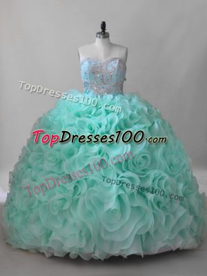 Luxury Ball Gowns Sleeveless Apple Green 15th Birthday Dress Brush Train Lace Up