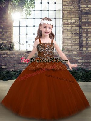 Unique Rust Red Sleeveless Floor Length Beading and Lace Lace Up Pageant Dress for Teens