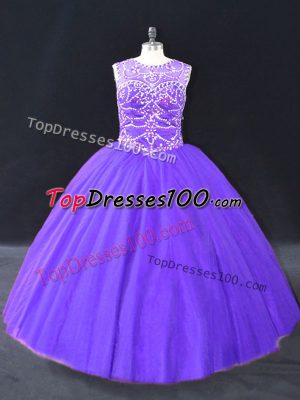 Purple Ball Gowns Halter Top Sleeveless Tulle Floor Length Lace Up Beading Quinceanera Gowns