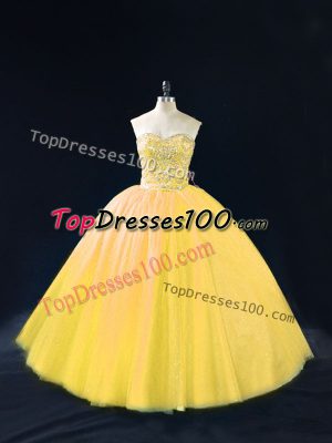 High Quality Gold Ball Gowns Tulle Sweetheart Sleeveless Beading Floor Length Lace Up Quince Ball Gowns