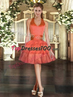 Fantastic Orange Red Tulle Lace Up Halter Top Sleeveless Mini Length Womens Party Dresses Ruffled Layers