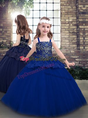 Super Blue Lace Up Straps Beading Little Girls Pageant Gowns Tulle Sleeveless