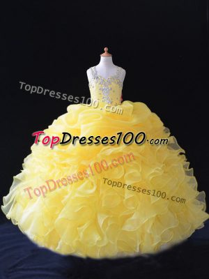 Gorgeous Beading and Ruffles and Pick Ups Child Pageant Dress Yellow Zipper Sleeveless Floor Length