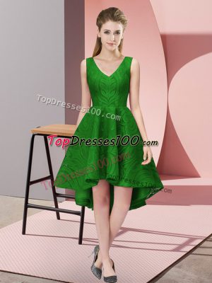 A-line Vestidos de Damas Green V-neck Lace Sleeveless High Low Zipper
