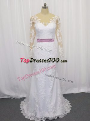 Sumptuous White Tulle Clasp Handle Scoop Long Sleeves Wedding Dresses Sweep Train Lace and Belt