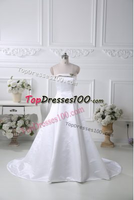Luxury White Wedding Gowns Satin Brush Train Sleeveless Pattern