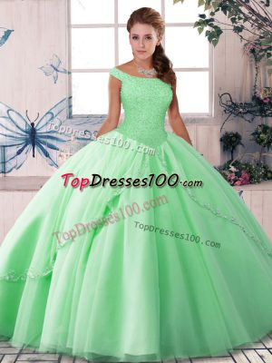 Traditional Apple Green Sweet 16 Dresses Military Ball and Sweet 16 and Quinceanera with Beading Off The Shoulder Sleeveless Brush Train Lace Up