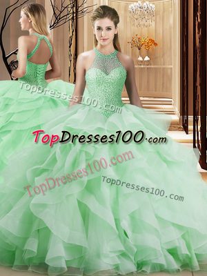 Custom Designed Apple Green Organza Lace Up 15 Quinceanera Dress Sleeveless Brush Train Beading and Ruffles